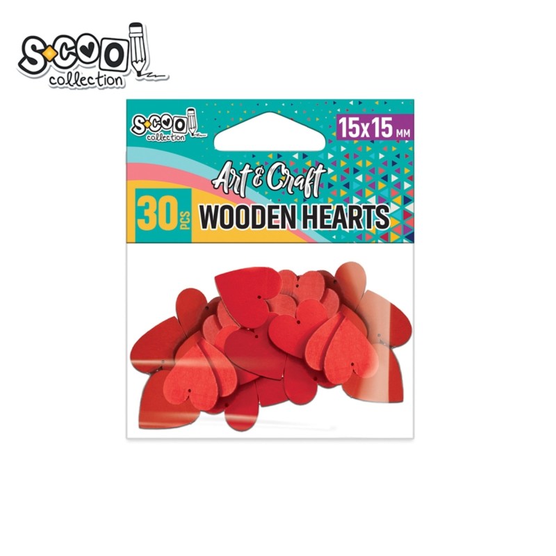 Accesorii craft, inimioare din lemn, 15 x 15 mm, S-COOL, 30 buc/set