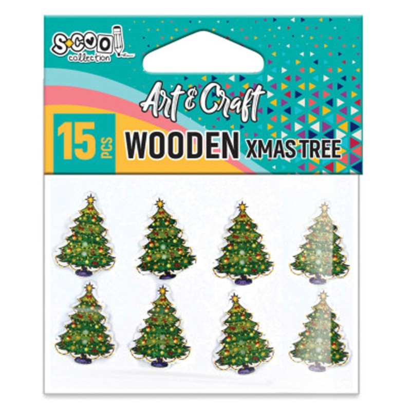 Accesorii craft, pom craciun din lemn, S-COOL, 15 buc/set