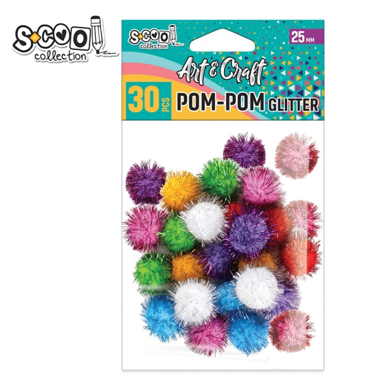 Accesorii craft, pom-pom cu sclipici, 25 mm, S-COOL, 30 buc/set