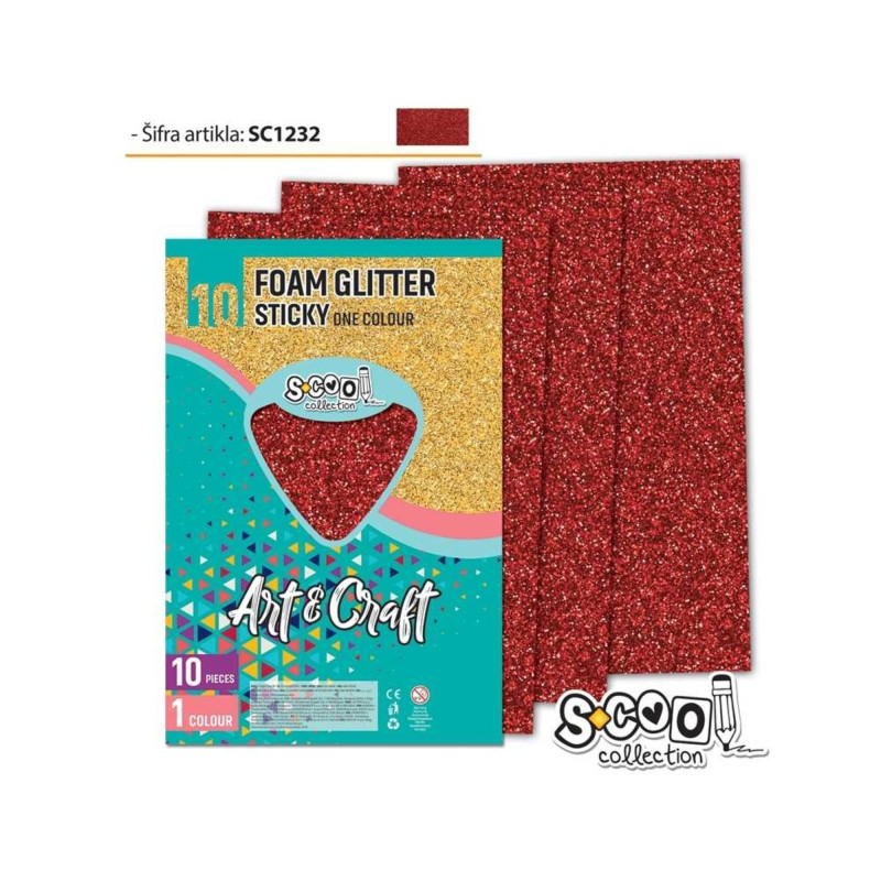 Hartie buretata, adeziva, glitter, rosu, S-COOL, 10 buc/set