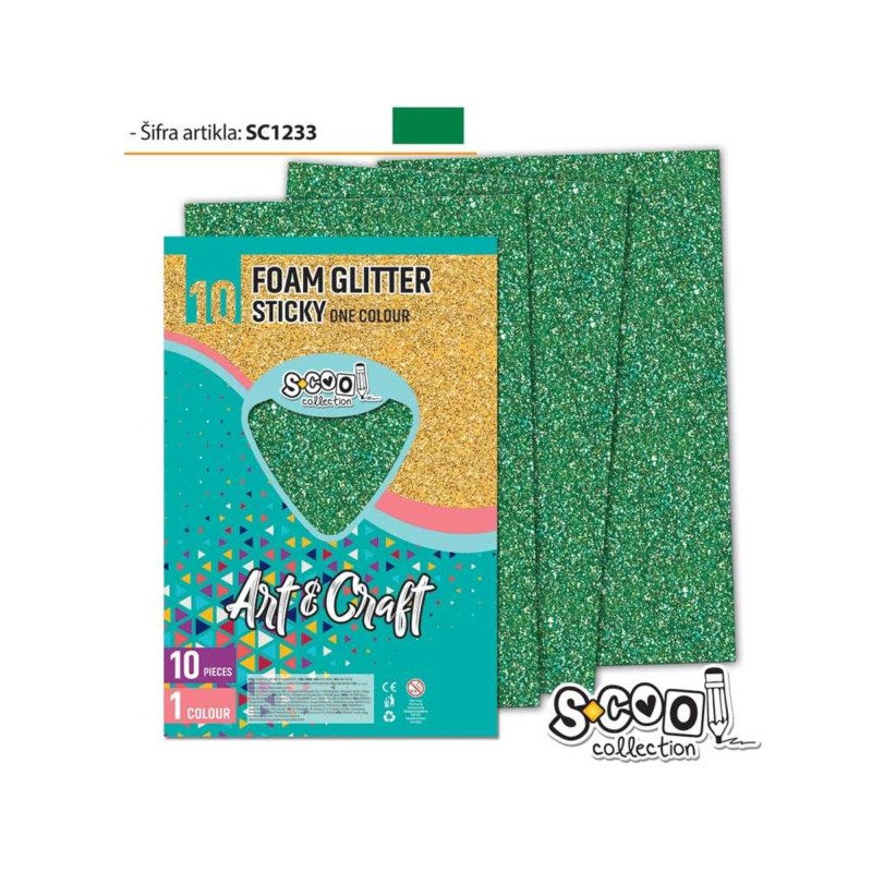 Hartie buretata, adeziva, glitter, verde, S-COOL, 10 buc/set