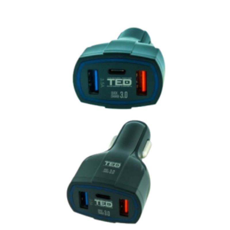 Incarcator auto, cu 3 iesiri, 2 x USB-A 3.5A, 1 x USB Tip-C 1.8A, incarcare rapida, TED Electric