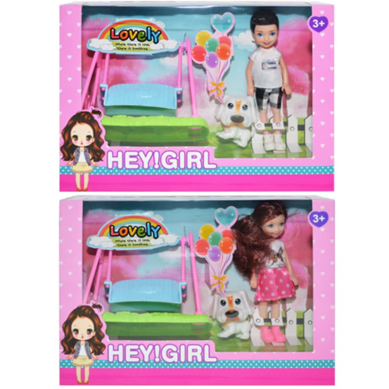 Jucarie papusa, cu balansoar si catel