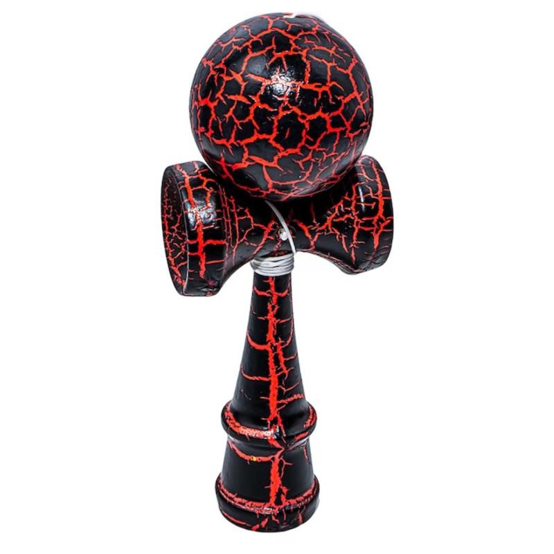 Kendama din lemn, 7 x 6 x 18 cm, Model Cracked Negru & Rosu