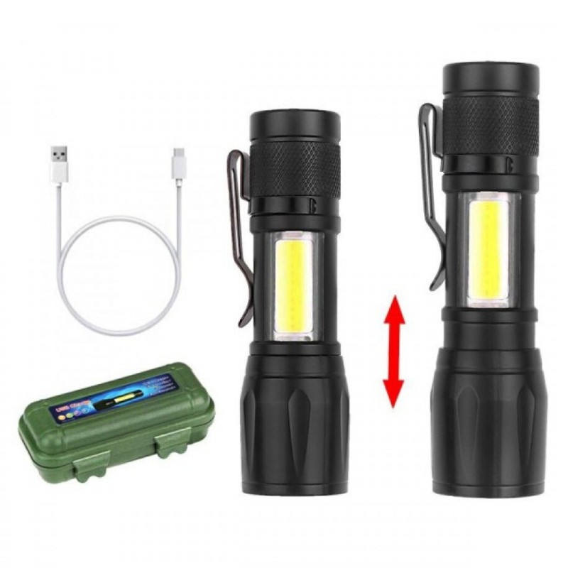 Lanterna LED cu zoom, incarcare USB, cutie verde