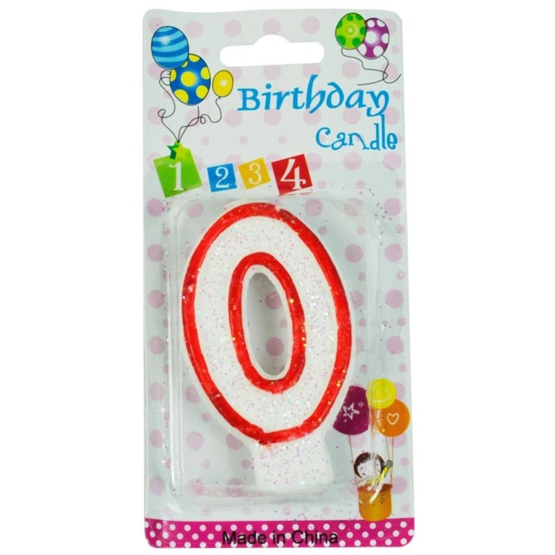 Lumanare Aniversara cu Cifra 0, Alba cu Margine Rosie