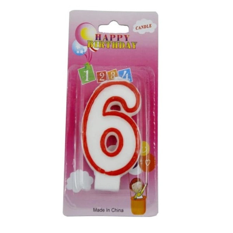 Lumanare Aniversara cu Cifra 6, Alba cu Margine Rosie