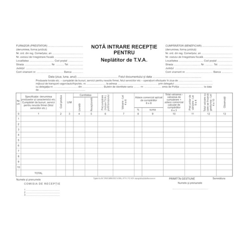NIR (Nota de intrare receptie) fara TVA, autocopiativ